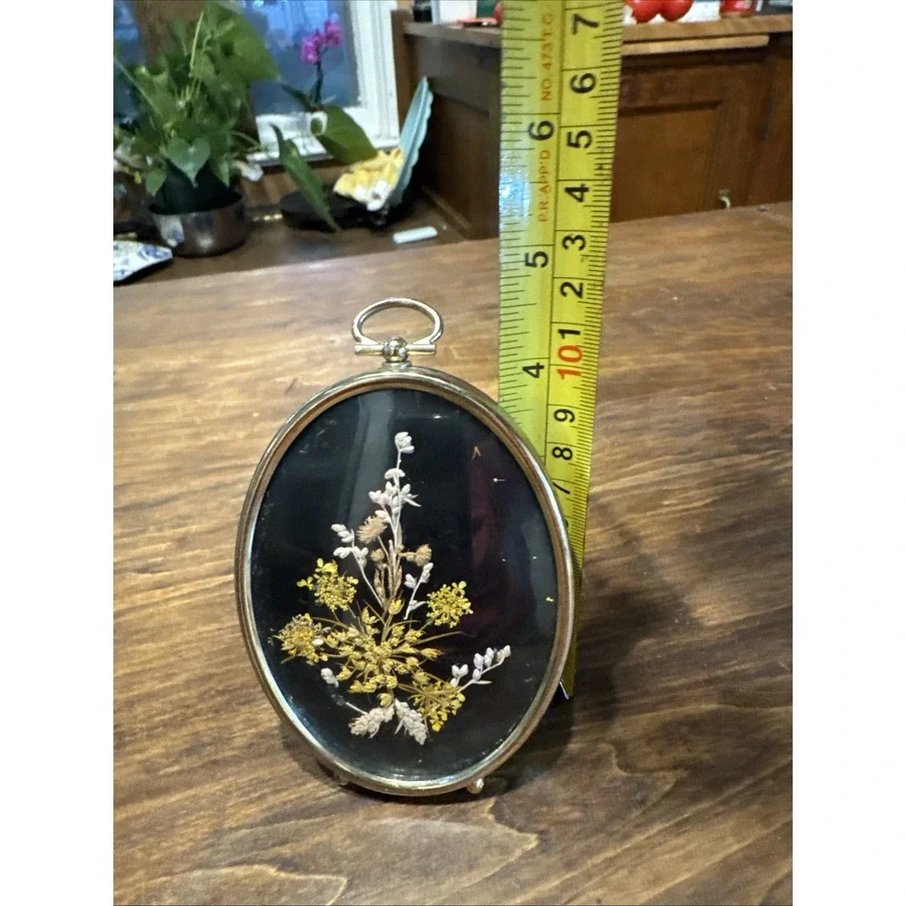 Vintage Gold Tone Small Oval Frame White Pressed Flower Art By Harriet Webber